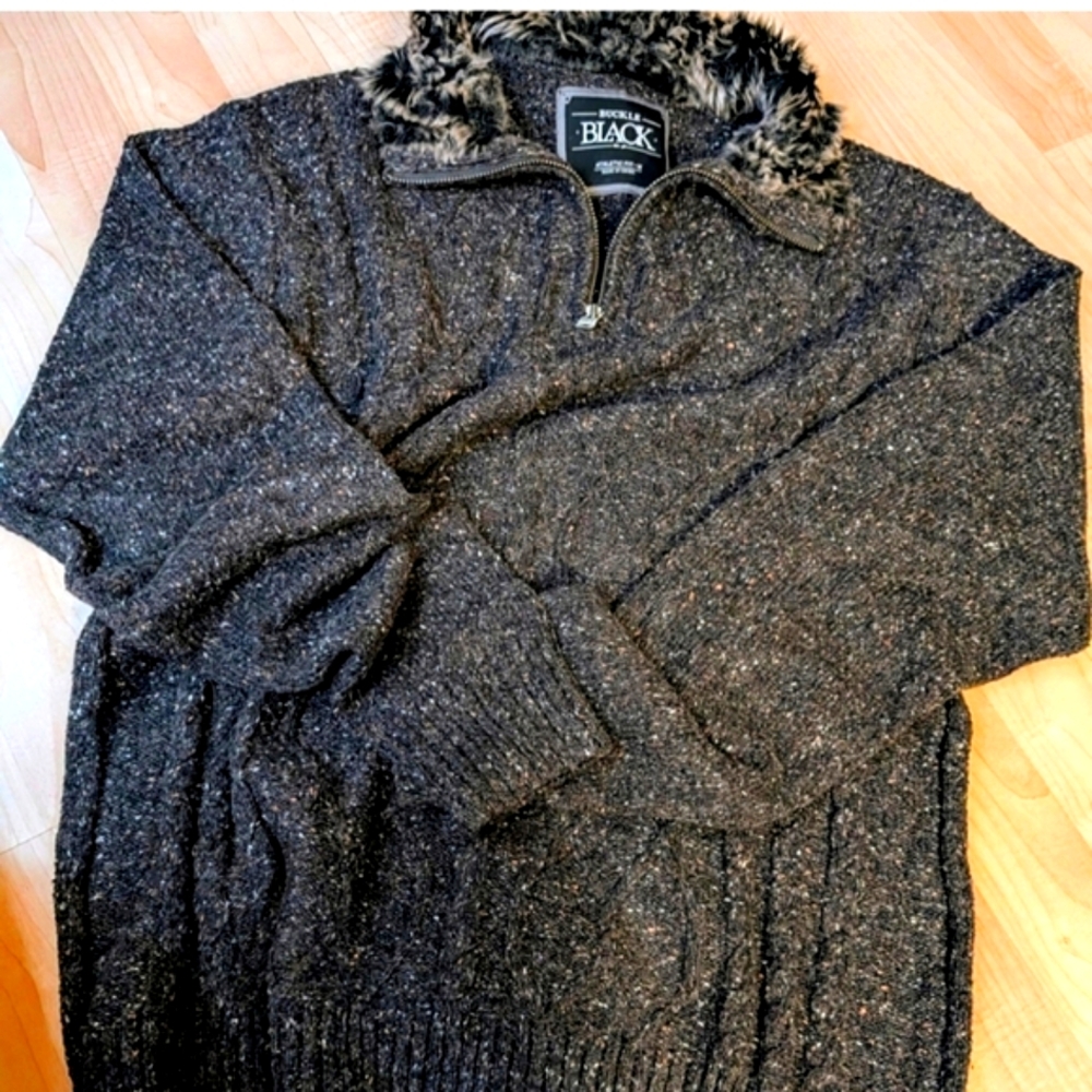 BUCKLE BLACK Athletic Fit Cable Knit Quarter Zip Faux Fur Collar Wool Sweater